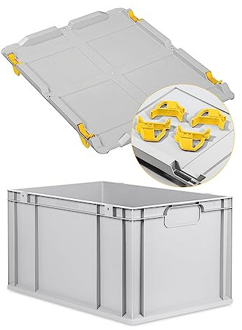 Eurobox NextGen Economy Griffe geschlossen mit Auflagedeckel 60x40x32cm grau Kunststoffbox 65 Liter stapelbar Transportbehälter lebensmittelecht, Farbe Deckel-Verschlüsse wählbar (Gelb)