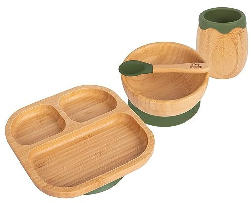 Tiny Dining Baby Feeding Set - Divided - Olive Green - 4pc - Divided Non-Slip Bamboo Self-Feeding Weaning Plate, Bowl, Drinking Cup & Spoon for Babies, Toddlers, Children