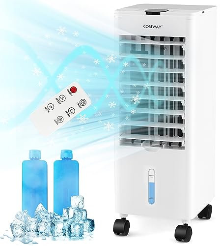 COSTWAY Evaporative Air Cooler, 3 Wind Mode 3 Speed Air Cooling Fan Humidifier with Sleep Mode, 12H Timer, Double Water Tank, Auto Oscillation, Remote Control, LED Display & 2 Ice Packs (White)