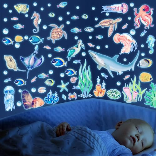 Wandtattoo Unter dem Meer Wandsticker Leuchtaufkleber,6 Blatte Leuchtendes Fisch Meeresschildkröte Quallen Ozean Wandaufkleber Vinyl Wandabziehbilder Meeresleben für Kinderzimmer Dekoration Blau