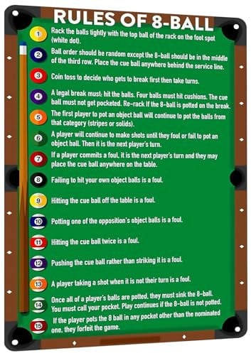 HYBLOM Klassisches Spielzimmer-Wandkunst-Blechposter für Billard-Liebhaber, Vintage-Regeln der 8-Ball-Metallschild, Retro-Club, Billardzimmer und Männerhöhle, Dekoration, 20,3 x 30,5 cm