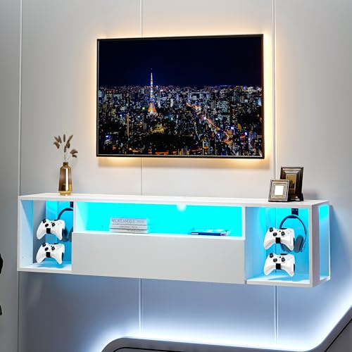 sogesfurniture 55' weißer TV-Ständer, schwimmendes Unterhaltungszentrum mit Lichtern, moderne Medienkonsole mit Stauraum, Wandmontierter LED-TV-Ständer für Wohnzimmer