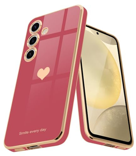 Teageo per Samsung S24 Custodia Carino Cuore Modello per Donne Ragazze Sottile Lusso Bling Placcatura Morbido TPU Antigraffio Antiurto Bumper Cassa Del Telefono per Samsung Galaxy S24 5G, Rosa