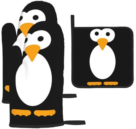 VANANI Hitzebeständige Ofenhandschuhe und Topflappen mit niedlichem Pinguin, mit Umhängeband, wasserdicht und langlebig. Für Küche, Grillen und Backen.