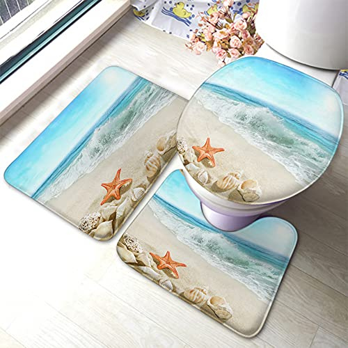 Badteppich-Set 3-Teilig Spritzende Wellen Strand Seestern Blau Badezimmer Vorleger 3-Teiliges Waschbar Wc Vorleger Set 3 Teilig Weiches Badematte