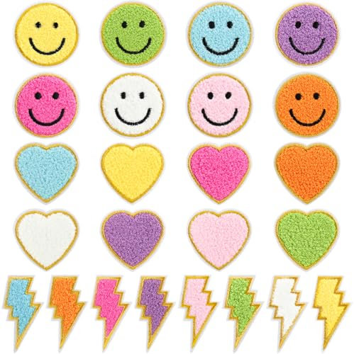 24pcs Colorful Chenille Embroidered Patches Preppy Iron on Patches for Girls Cute Glitter Lightning Bolt Sew on Applique DIY Craft Accessories for Backpacks Clothing Jackets Hats