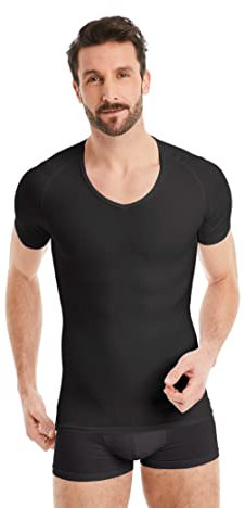 FINN Maglia Dimagrante Uomo con Scollo a V - Canottiera Snellente a Maniche Corte in Cotone - Camicia compressiva Body Shaper per Una Pancia più Piatta Nero 4XL