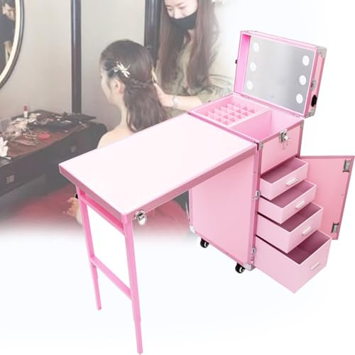 Aluminum Trolley Makeup Train Case,Portable Mobile Manicure Desk,With Pull Rod,Storage,Worktable And Mirror,Bluetooth Player,For Spa Salon Art Desk,Pink
