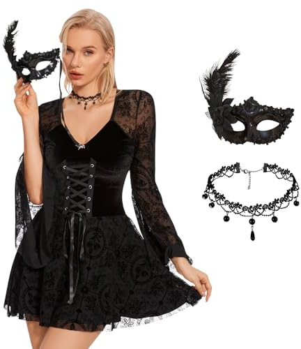 Herenear Gothic Kleid für Damen, Spitzen Kleidung Schwarz - Mit Masken und Halsketten, Halloween Karneval Sexy Kleid, Retro Mittelalterliche Vampir Langarm Kostüme, Cosplay Partykleid Kurz