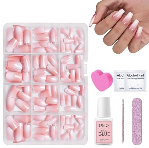 DMQ Coffin Press on Nails Kit Short, 240Pcs Pink Gradient False Nails, Medium Pink Tips Acrylic Fake Nails with Nail Glue, 12 Sizes Glossy Full Cover Stick on Nails for Women Girls Nails Art