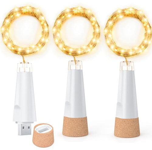 Dumcuw Lumières de Bouteilles, Lumières de Fées à Batterie USB Rechargeable 2024 Lumières de Bouteilles avec Bouchon de Liège pour Décorations de Noël, 20 LEDs 12-16h par charge
