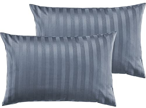 Pure Label 2er Set Mako Satin Damast Streifen Kissenbezug 40x60 dunkelblau | Waschbar bis 60°C, Reißverschluss - Atmungsaktiv & Anti-Pilling