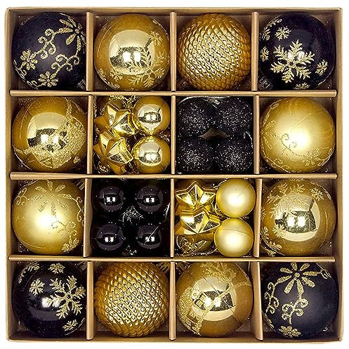 Christmas Ornaments Set,Christmas Ball Set,Shatterproof Christmas Balls Ornaments for Party Xmas Tree Decorations (Black Gold, 44Pcs)