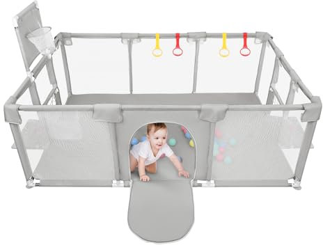 Laufstall Baby,180x120cm Laufgitter Baby Sicherheitsspielplatz Schutzgitter für Kinder mit Weichem Netz,Rutschfestem Oxford Bottom,50 Bällen,Zugringen,Basketballkorb (Hellgrau, 180 * 120 * 66cm)