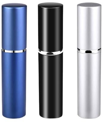 The Miss Chic 3-Pack Refillable Travel Perfume Atomiser Bottles for Men & Women - Leak-Proof, Easy Refill Funnel, Portable Spray Bottles for Handbag, Purse, & Pocket (6 ml - Black, Silver, & Blue)
