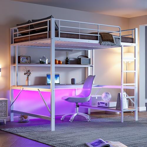 Litera para niños de 140 x 200 cm, cama de matrimonio de 140 x 200 cm, de metal con enchufes USB y eléctricos, con iluminación LED, escritorio, con barandillas y escalera, varios estantes, color