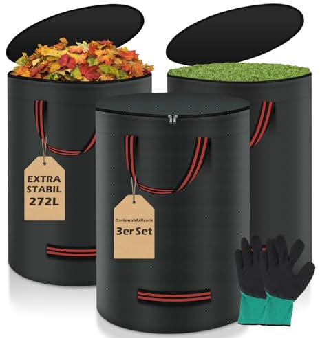 Miaglury 3X 272L Gartensack Laubsack Gartenabfallsack Stabil mit Deckel inkl. Handschuh - Groß & Reißfest & Wasserdicht Laubsäcke Gartensäcke für Gartenabfälle und Kommunen Gras Laub Hecke Schwarz