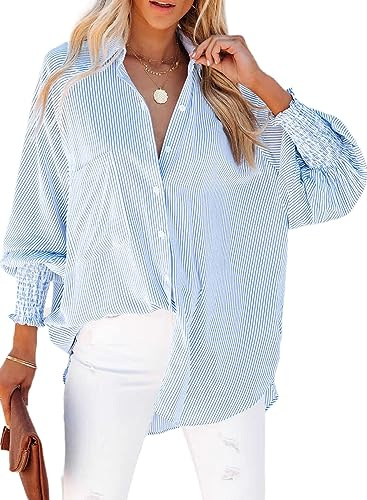 Chicrise Bluse Damen Knopfleiste Button-Down Oberteile Lange Ärmel Gestreift Casual Hemd Loose Elegant Blau Klein 34-36