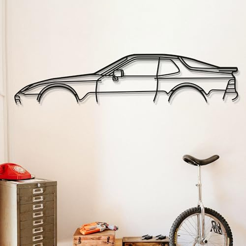 Dekory Auto Wandbild – Porsche 944 Sportcoupé-Silhouette aus schwarzem Metall, industrieller Stil – Wanddeko für Garage, Wohnzimmer oder Büro – kompaktes Wandbild 60 cm (S)
