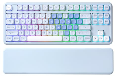 YUNZII B87 Teclado Mecánico Inalámbrico, QMK/Via Custom Teclado de Juego TKL Diseños,BT/2.4G/USB-C Enchufable En Caliente, Teclado RGB con Wrist Rest para Win/Mac (Azul Corazón, Cocoa Cream v2)