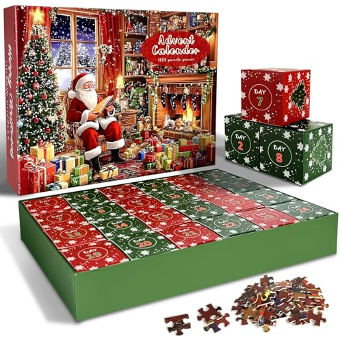 Adventskalender Puzzle Weihnachten – 1008 Teile Puzzle mit Santa Claus, Geschenken, Christbaum & Golden Retriever – Weihnachts-Adventskalender für Familie & Kinder Geschenk