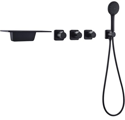 BiaoTeng Grifo Ducha Bañera Empotrado 3 Modos Latón agua Fría y Caliente Grifo Bañera y Ducha con Cascada Negro