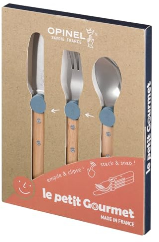 OPINEL LE PETIT GOURMET, Kinder-Besteck-Set, Regenblau, mit Wunschgravur | Messer, Gabel und Löffel | tolles Geschenk für unsere Kleinen | personalisiert | Namensgravur