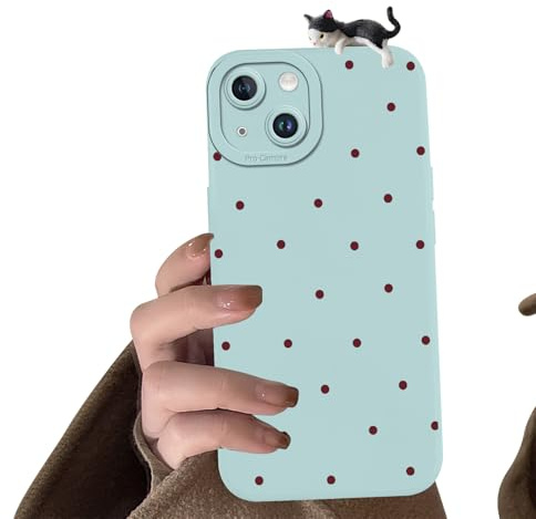 Yirlbey Cover per iPhone 15 6,1'' con Grazioso Gatto 3D, Cellulare Aesthetic Polka Dot Disegno Motivo Punto d'onda Tridimensionale Custodia Ragazza Antiurto Blu Silicone TPU Protezione Fotocamera Case