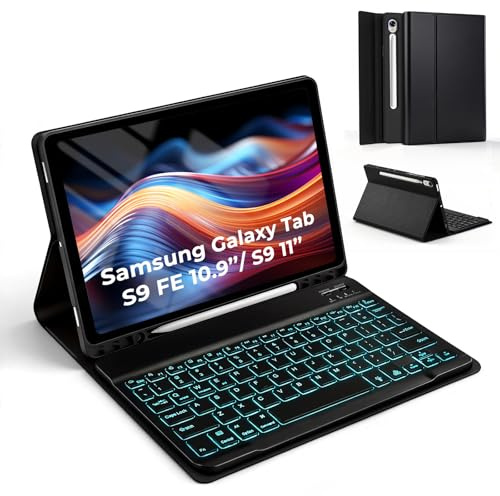 Cover con Tastiera per Samsung Galaxy Tab S10 Lite/S10 FE/S9 FE/S9 10.9/11(2025/2023), Bluetooth Tastiera Custodia con Supporto Pencil, Custodia Tastiera Magnetica Retroilluminazione 7 colori, Nero