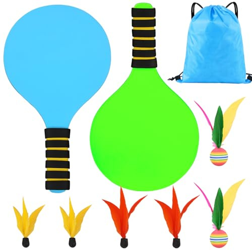 Orizizhic Beach Ball Spiel Set, Strandball Schlägerset für Kinder, Beachball Set with 2 Schläger 6 Federbälle 1 Tasche, Paddleball Spielset für Kinder&Familie für Garten Strand Party