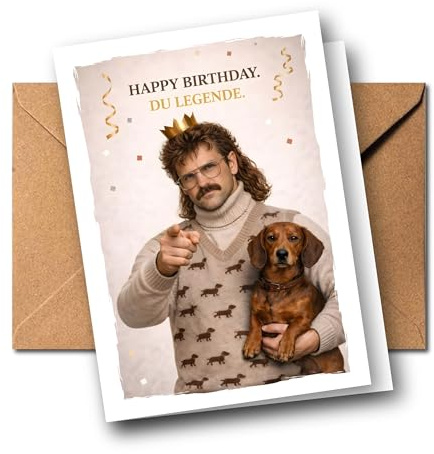 Lustige Geburtstagskarte für Männer „Happy Birthday Du Legende“ – witzige Karte für Freund, Kumpel, Kollege oder Bruder – Retro Nerd Humor mit Dackel Motiv – A6 Klappkarte mit Umschlag (Legende)