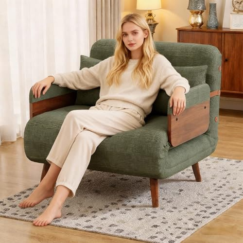 Convertible chair bed, Green Textured Fabric Single Sofa Bed, 3-in-1 Reclining Chaise Lounge, Sleeper Bed with Wooden Frame，Vintage Armchair Retro for Living Room, Study, Bedroom, Balcony  (110cm)