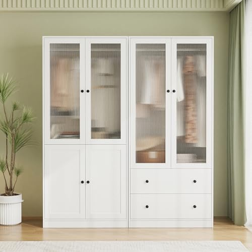 VOWNER Armoire 80 cm avec Portes en Verre Canelé, Armoire Penderie avec Barre de Suspension et Étagères, Armoire 4 Portes en Bois pour Chambre à Coucher, Blanc (AB)