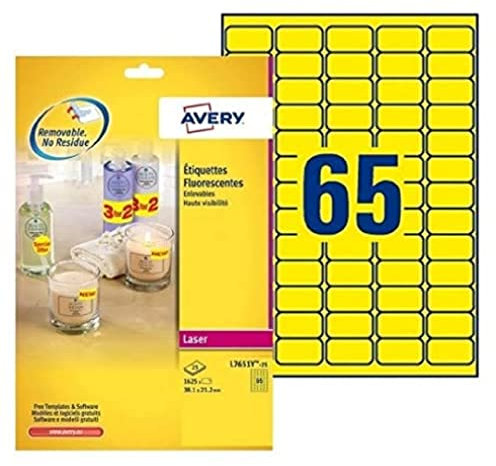 Avery L7651Y-25 Mini-Neon-Etiketten (für Laserdrucker, 65 pro Blatt, 38,1 x 21,2 mm) 1652 Etiketten neongelb
