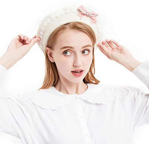 BLESSI Damen Mädchen Lolita Katze Hintern Damen Maler Hut Baskenmütze mit Schleife, 9 Farben (Rosa + Weiß), Rosa/Weiß, Einheitsgröße