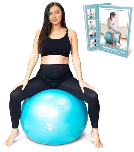 BABYGO® Gymnastikball Schwangerschaft Sitzball Büro Schwanger Yoga Pezziball | inklusive Schwangerschaftsbuch zur Geburt & Fitness | Anti-Burst 1000 Kg (Turquoise, 75cm)