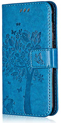 Conber Hülle für iPhone 7 / iPhone 8, PU Leder Tasche Flip Case Lederhülle Handyhülle, Vintage Katze und Baum Schutzhülle für iPhone 7 / iPhone 8 - Blau