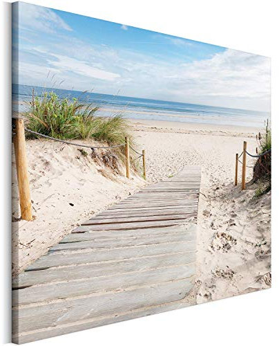 Revolio 40x30 cm Leinwandbild Wandbilder Wohnzimmer Modern Kunstdruck Design Wanddekoration Deko Bild auf Leinwand Bilder 1 Teilig - Strand Meer Gras Dünen beige