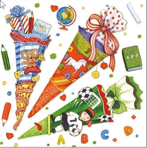 20 Servietten Schultüten und Geschenke als Tischdeko für den Schulanfang, BZW. zur Einschulung 33x33cm