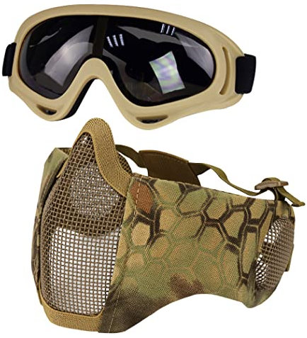 Yzpacc Airsoft Maske mit Brille, Faltbare Half Face Airsoft Mesh Maske mit Gehörschutz für Paintball Schießen Cosplay CS Spiel (MA Dschungel)