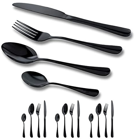 GOODFEER Cutlery Set,16-Piece Stainless Steel Flatware for 4 People Dinner Spoon Knife and Fork Sets, Mirror Polished Black Tableware