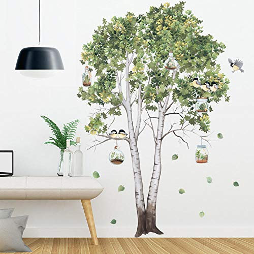Grand Arbre Bouleau Stickers Muraux Feuilles Vertes Stickers Muraux Salon Chambre Oiseaux Décor à La Maison Affiche Murale PVC Chambre Décoration