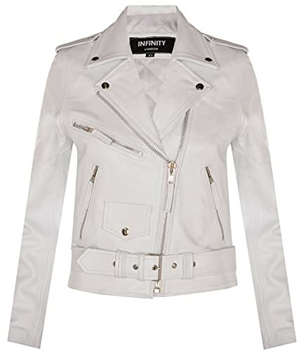 Women's Classic White Brando Real Cow Hide Leather Biker Motorcycle Jacket 5XL