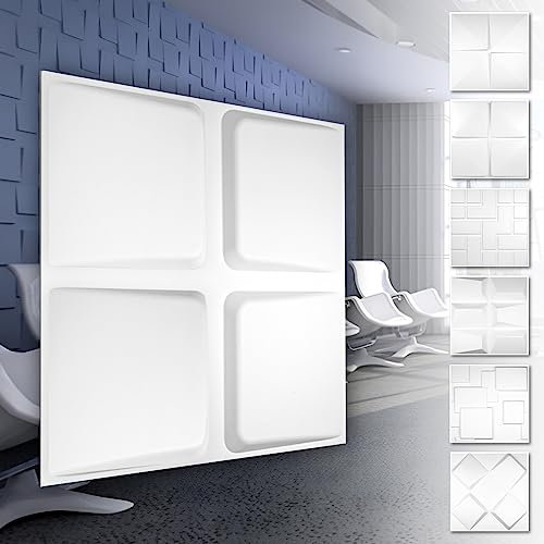 HEXIM 3D Wandpaneele, PVC Kunststoff weiß - Quadrat Design Paneele 50x50cm Wandverkleidung (5QM HD011) weiße Paneele Decke und Wand
