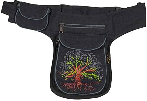 KUNST UND MAGIE Bauchtasche Lebensbaum Gürteltasche Festivaltasche Sidebag Hüfttasche, Farbe:Schwarz/Grau