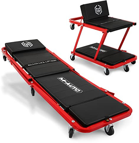 M-AUTO Z-Creeper 2-in-1 Rollbrett und Sitz, 121,9 cm, gepolstert, verstellbare Kopfstütze, Rollstuhl, Garagenstuhl mit 6 Lenkrollen zum Waschen, Detaillieren, Wartung, Rot