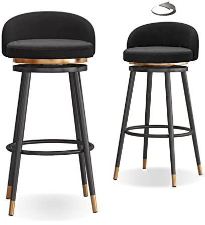 Knjlwa 2er Set Barstuhl, 360° drehbar Barhocker, Tresenhocker Bistrohocker Hocker mit Lehne und Fußstütze aus Samt Küchenstuhl mit Schwarz Metallgestell sitzhöhe 65 cm