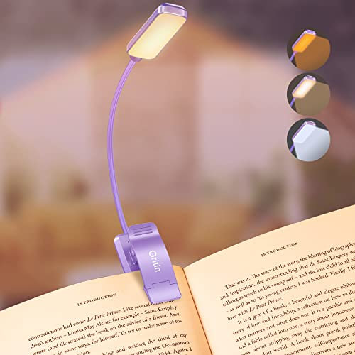 Gritin 9 LED Clip on Book Light, 3 Eye-Protecting Modes Flexible Reading Light Book Lamp (Warm&Cool White) -Stepless Dimming, Rechargeable, Long Battery Life, 4-Level Power Indicator- Purple