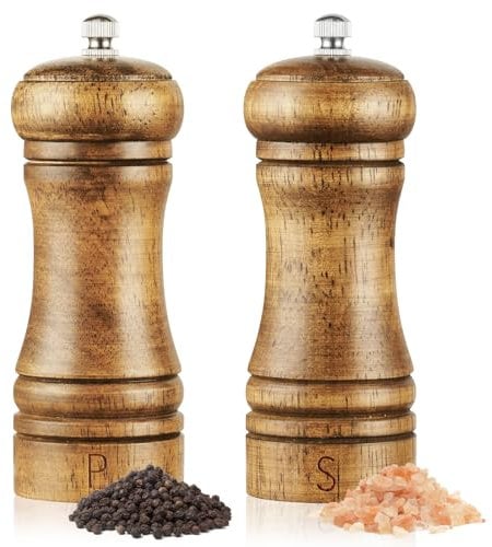 Vicloon Salz und Pfeffermühle,2er Set Hölzern Gewürzmühle mit 2 Reinigungspinsel,Manuell Pfeffermühle,Verstellbarem Holz mühle für Gewürze Pfeffer Salz -14.5cm