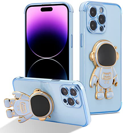 RALEAVO Compatible with iPhone 14 Pro (6.1) Case with Cute Astronaut Kickstand Design Shockproof Plating Phone Case for iPhone 14 Pro-Blue
